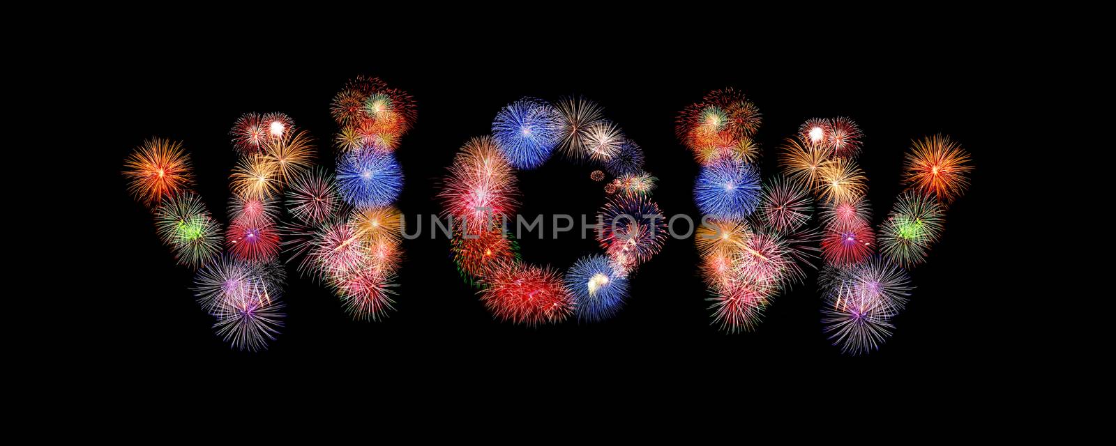 wow word colorful fireworks text isolated on black background