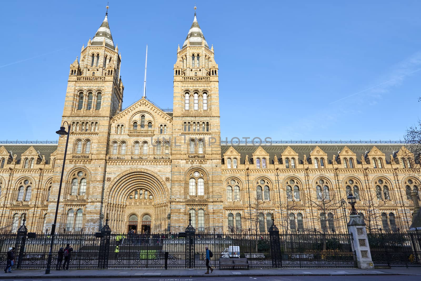 LONDON, UK - DECEMBER 20: Facade of the Natural History museum in bright sunny day. December 20, 2014 in London.
