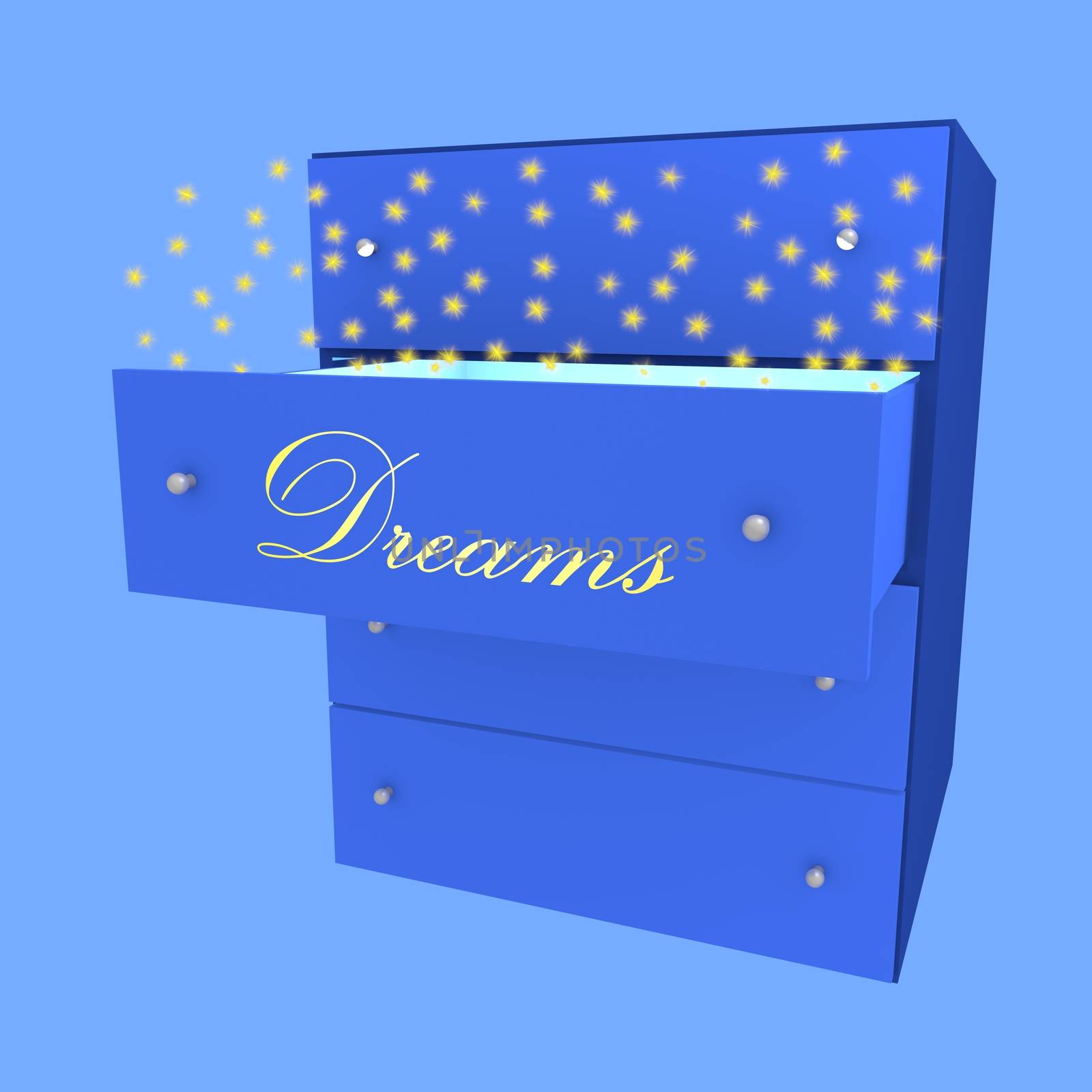 Drawer with word Dreams open with stars going out from it