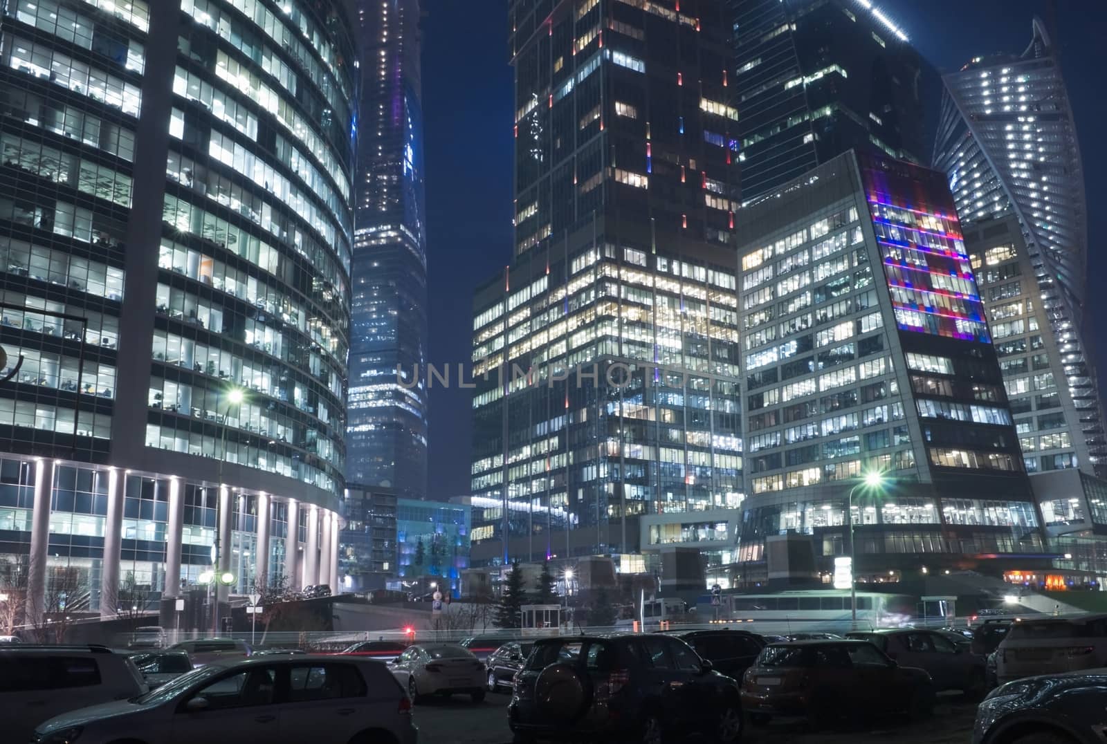 Office buildings of Moscow business center at night