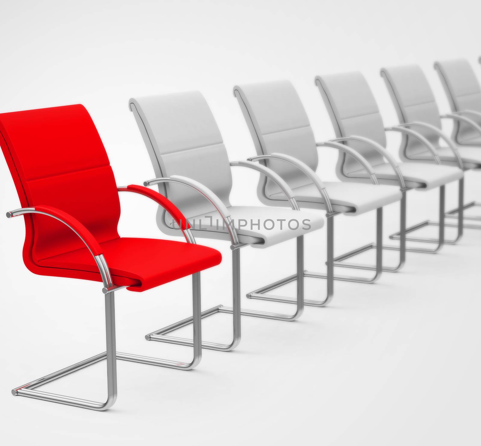 3d generated picture of a red chair in a row of white