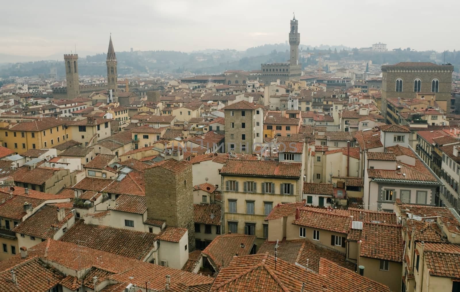 View of Florence from Giotto's bell tower in a gloomy winter day