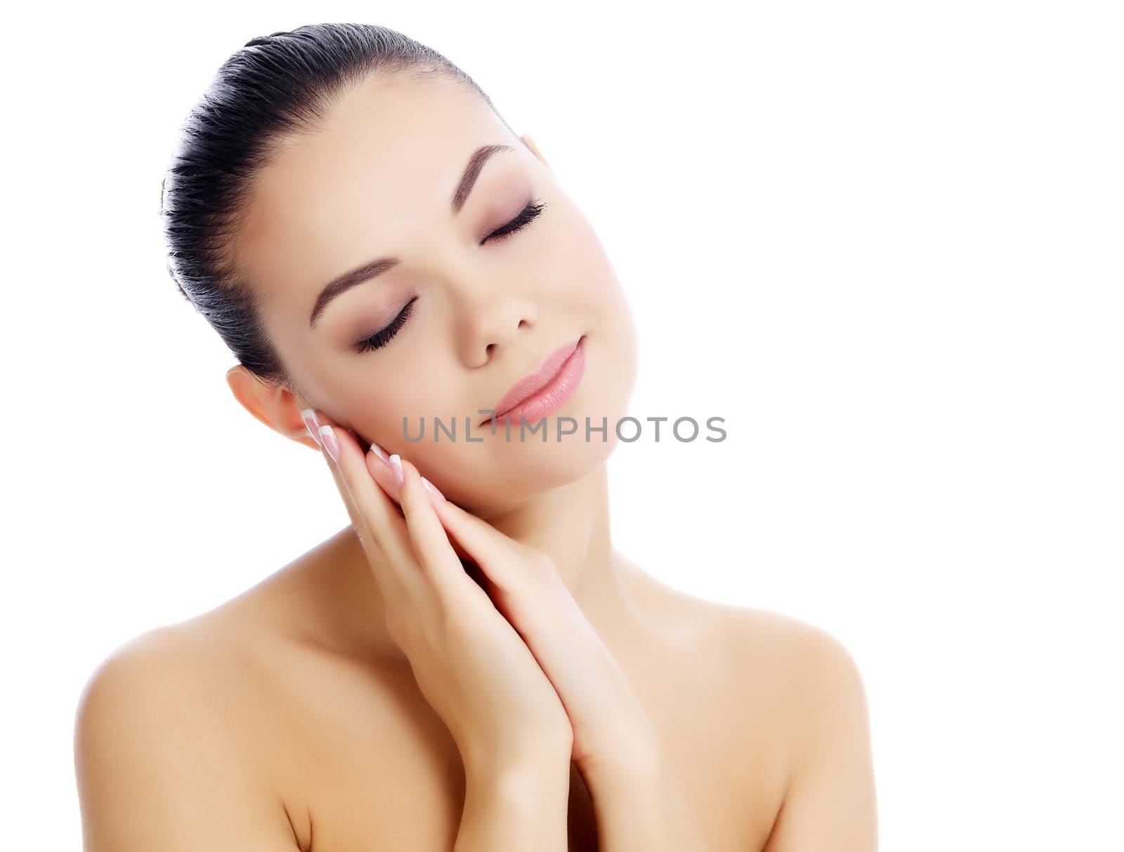 Beautiful female with clean fresh skin, white background by Nobilior