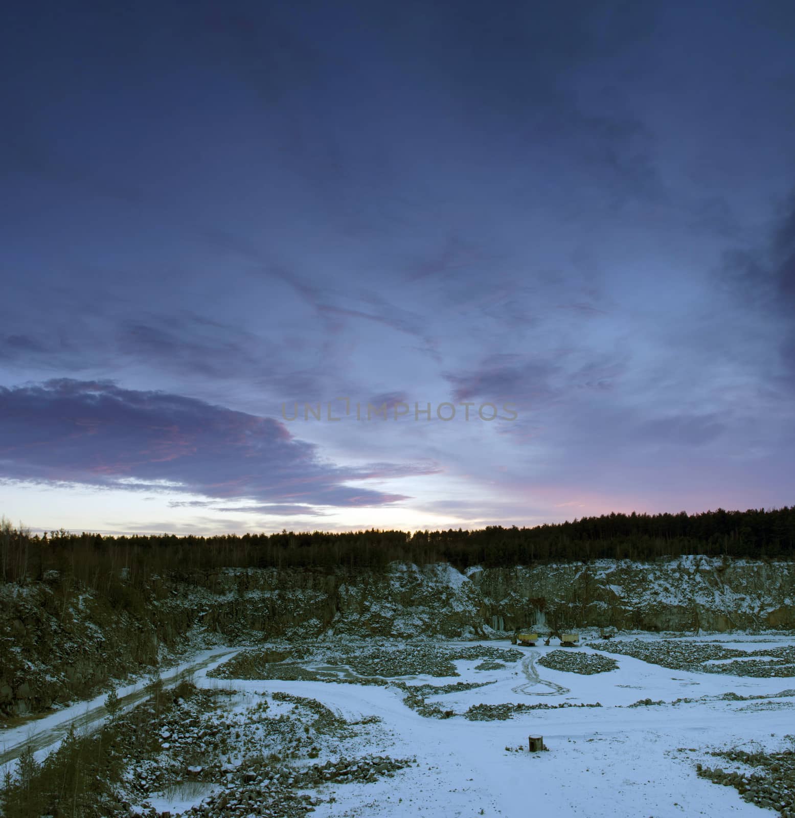 Panorama of an abandoned stone pit in winter  by dolnikow