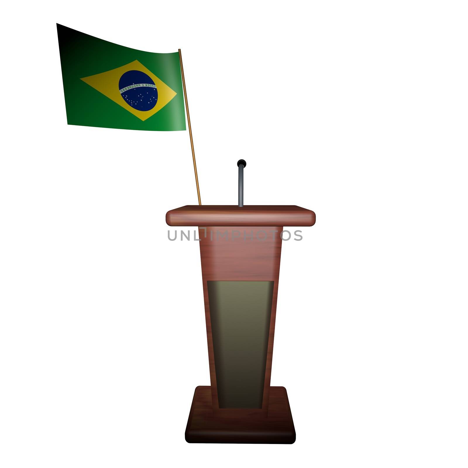 Brazilian flag behind podium for speaker, 3d render