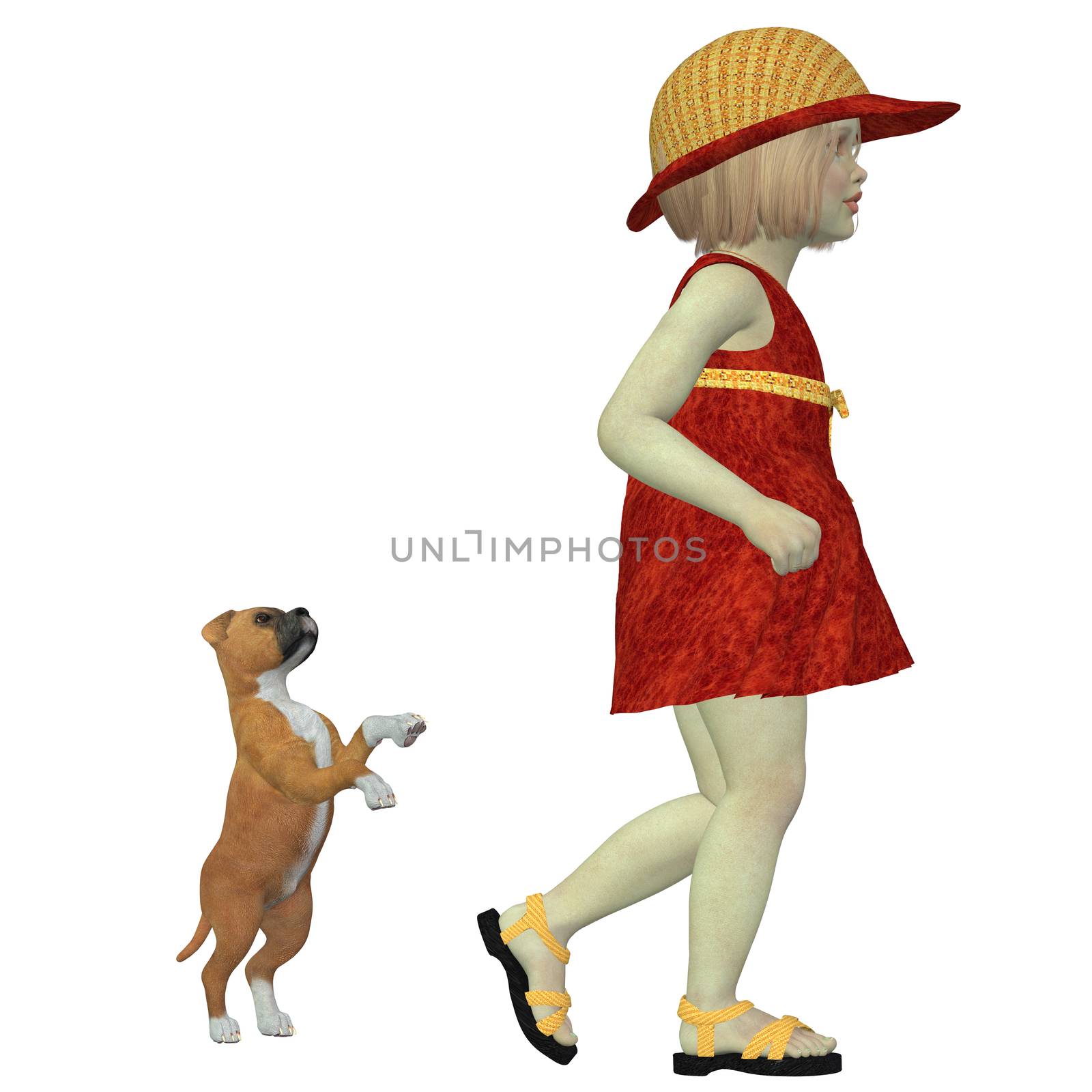 A Boxer puppy still wants to play as Eliza in an orange dress and hat is called by mom to come home.