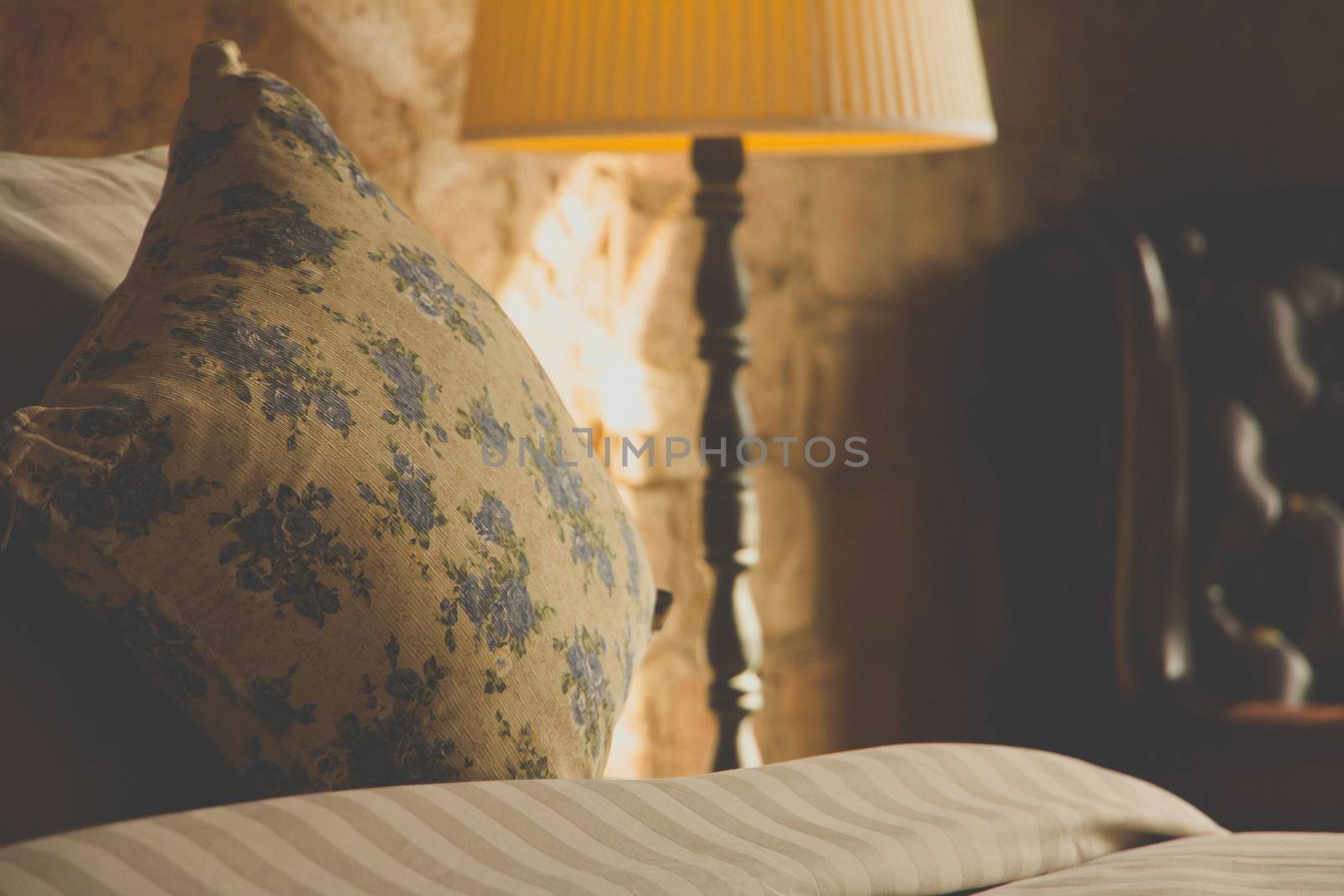 Pillows on an antique luxury bed Close up