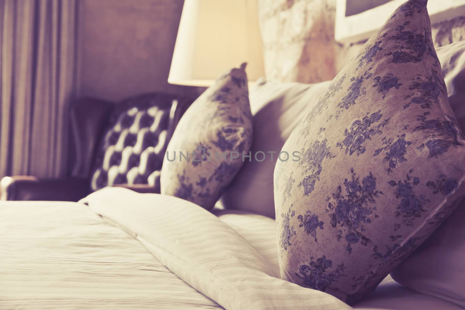 Pillows on an antique luxury bed Background
