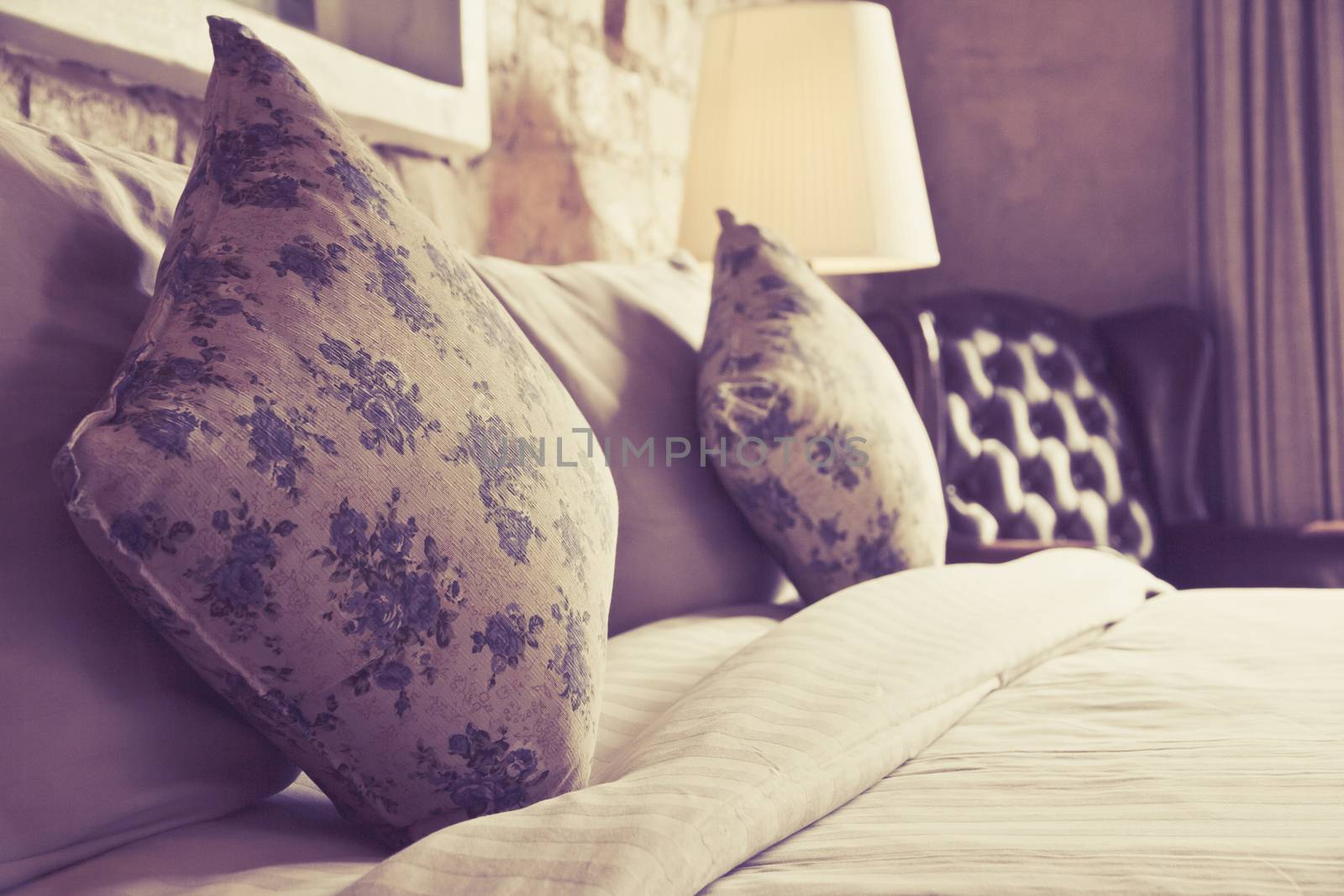Pillows on an antique luxury bed Background
