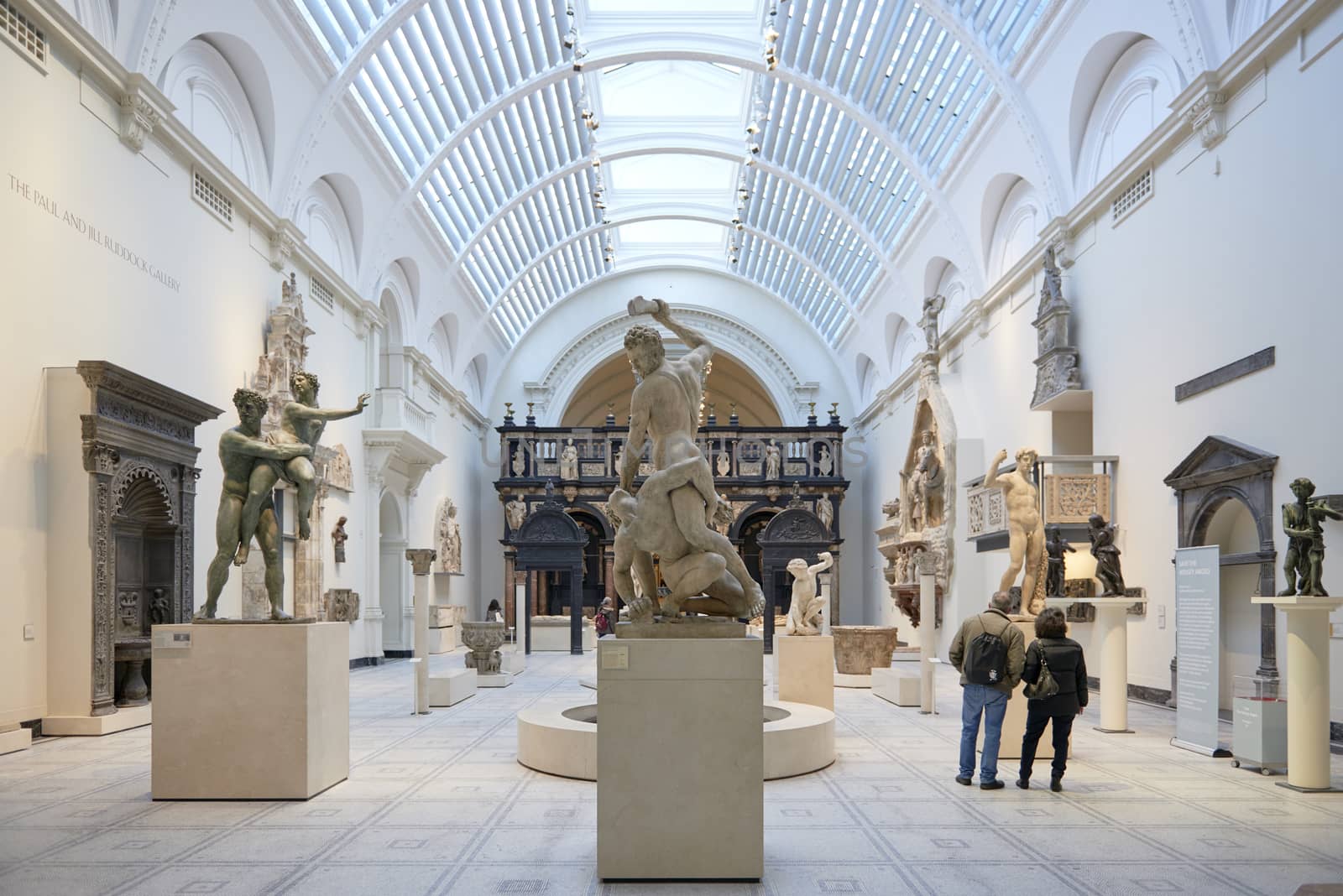 LONDON, UK - DECEMBER 20: Victoria and Albert museum's Medieval and Renaissance room, with statue of Samson slaying a Philistine in the centre. December 20, 2014 in London.