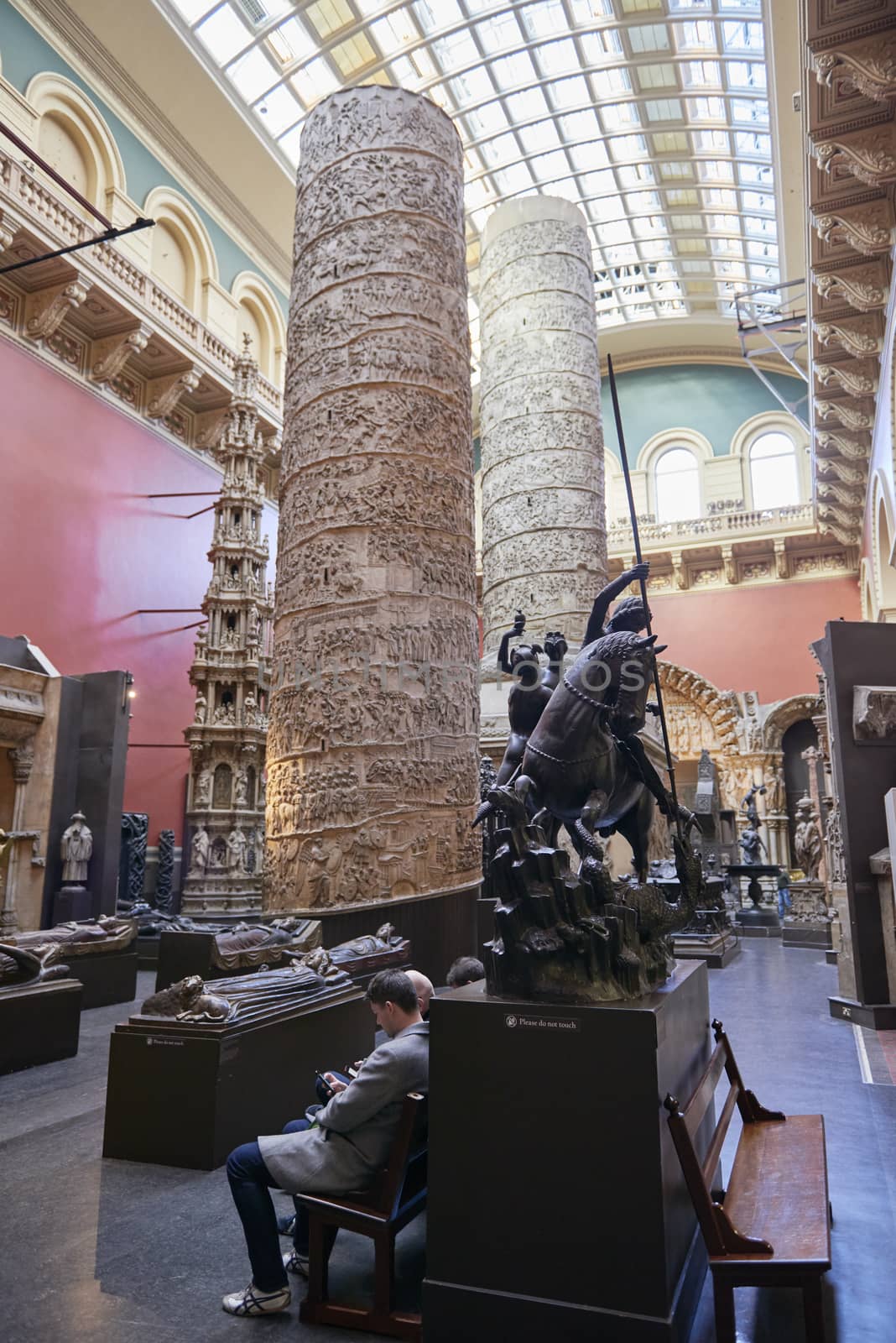 LONDON, UK - DECEMBER 20: The Cast Courts at the Victoria and Albert Museum. December 20, 2014 in London. The room includes a plaster copy of Trajan's column, divided in 2 sections due to its height.