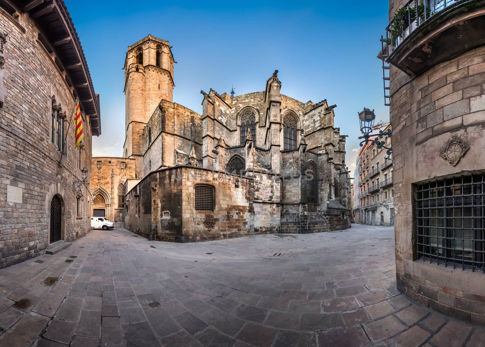 Panorama of Cathedral of the Holy Cross and Saint Eulalia, View from Freneria Street, Barcelona, Catalonia, Spain