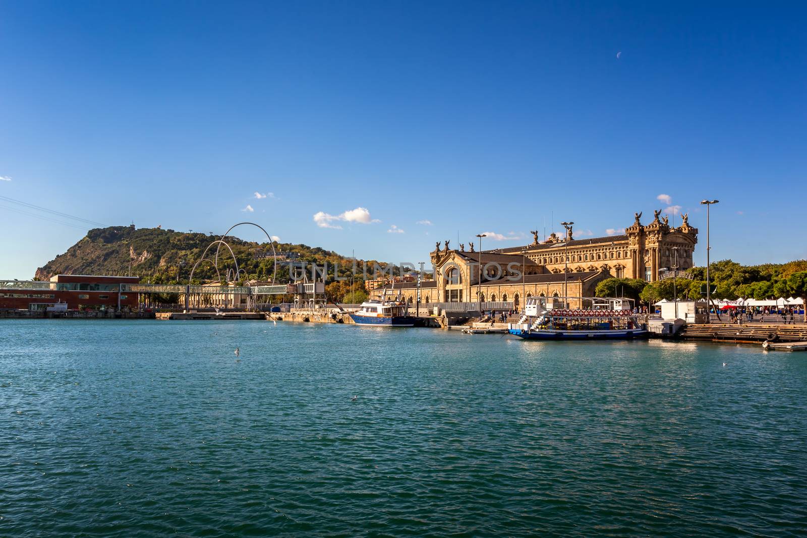 View on Barcelona Harbour and Montjuic Hill, Barcelona, Catalonia, Spain