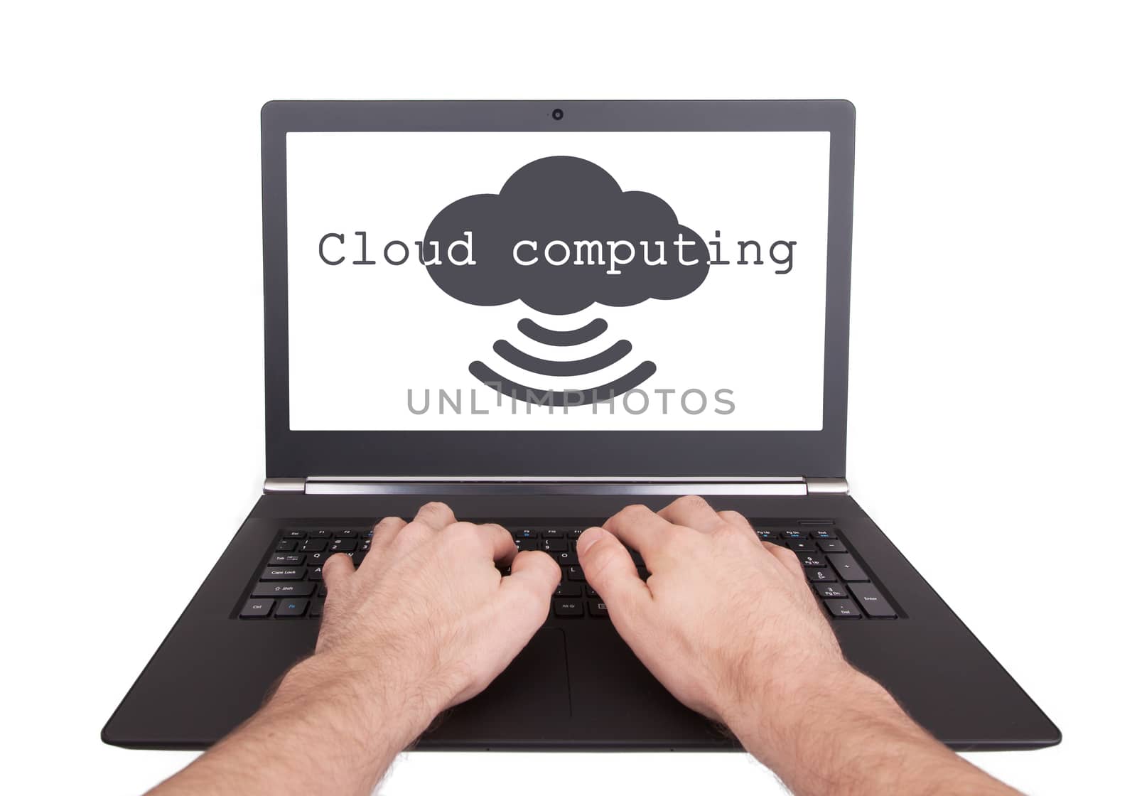 Man working on laptop, cloud computing by michaklootwijk