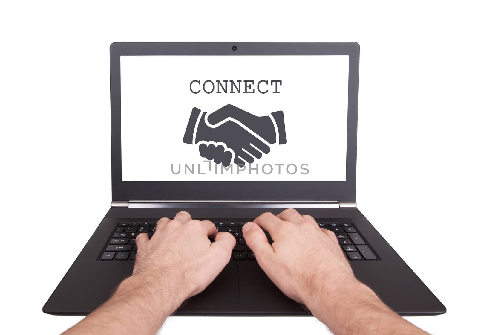 Man working on laptop, connect, isolated on white