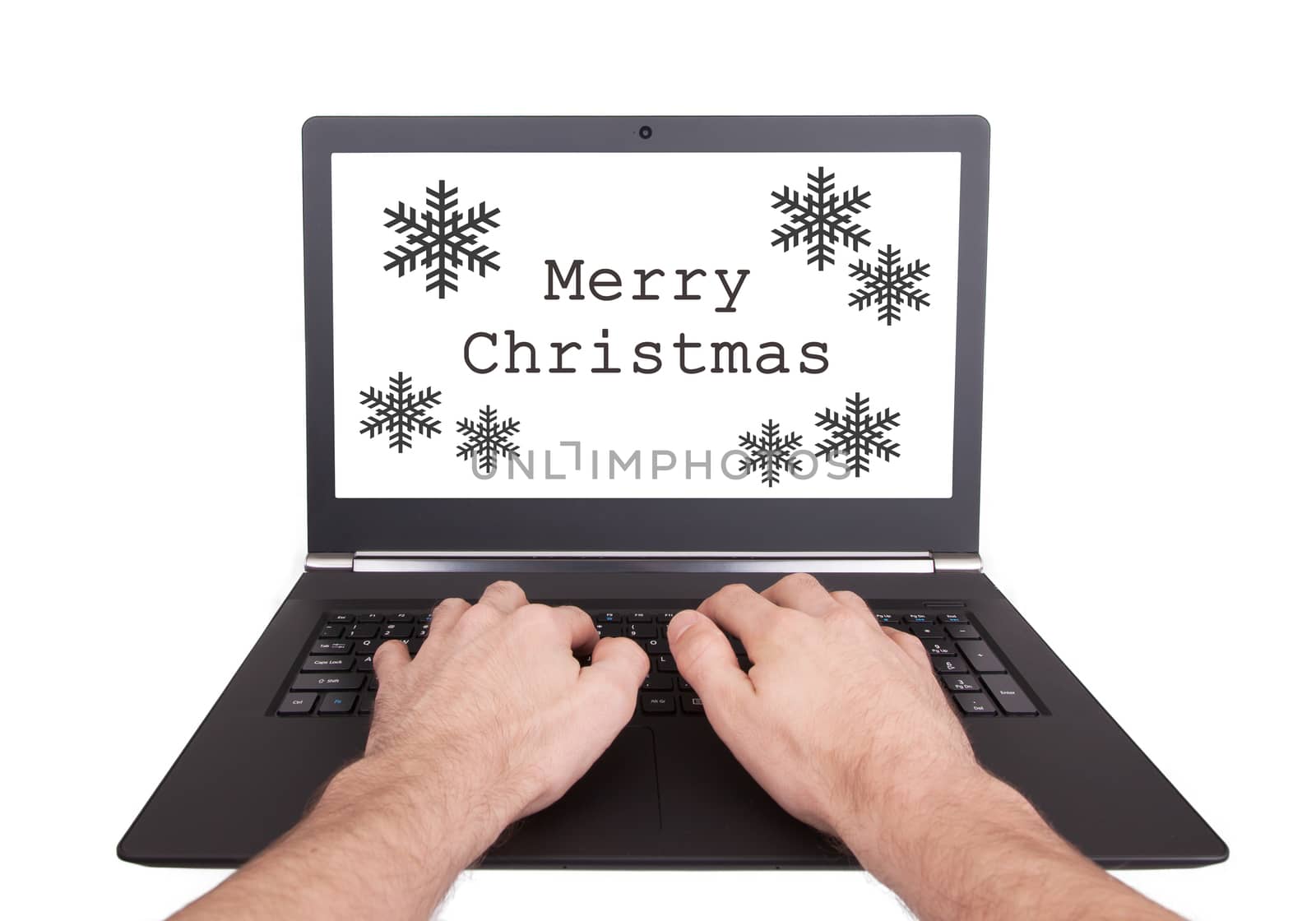 Man working on laptop, merry christmas, isolated
