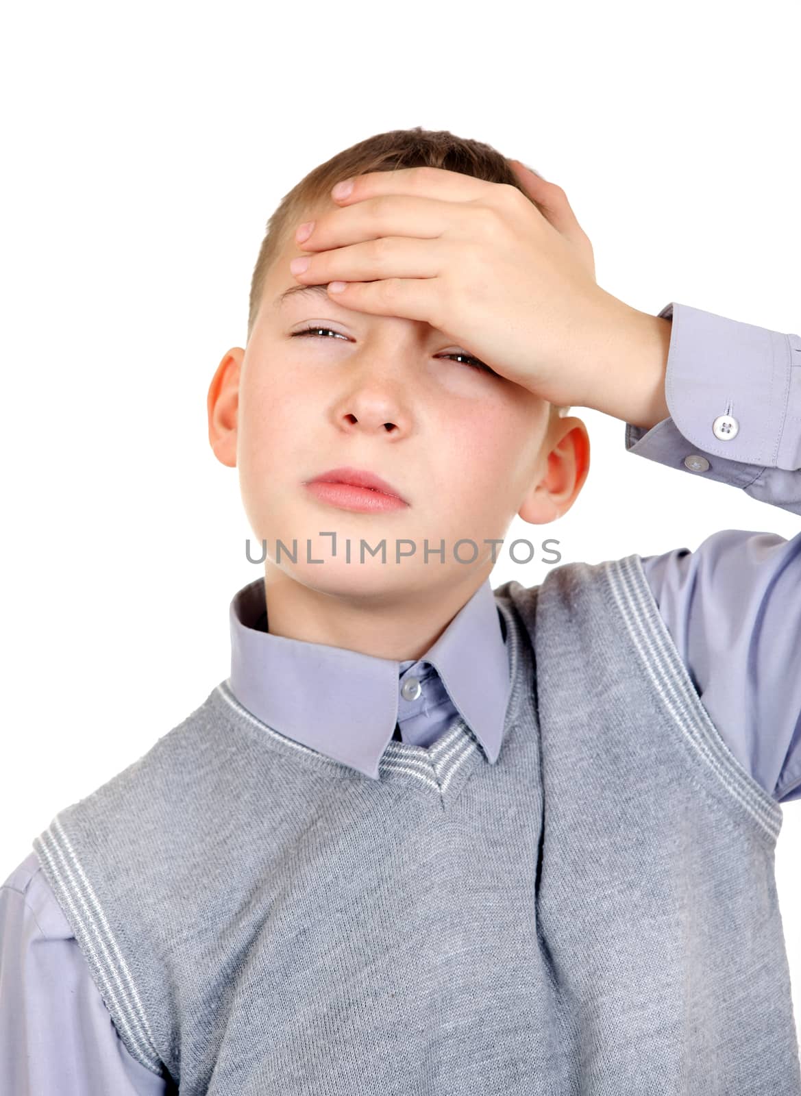 Tired Kid feel Headache Isolated on the White Background