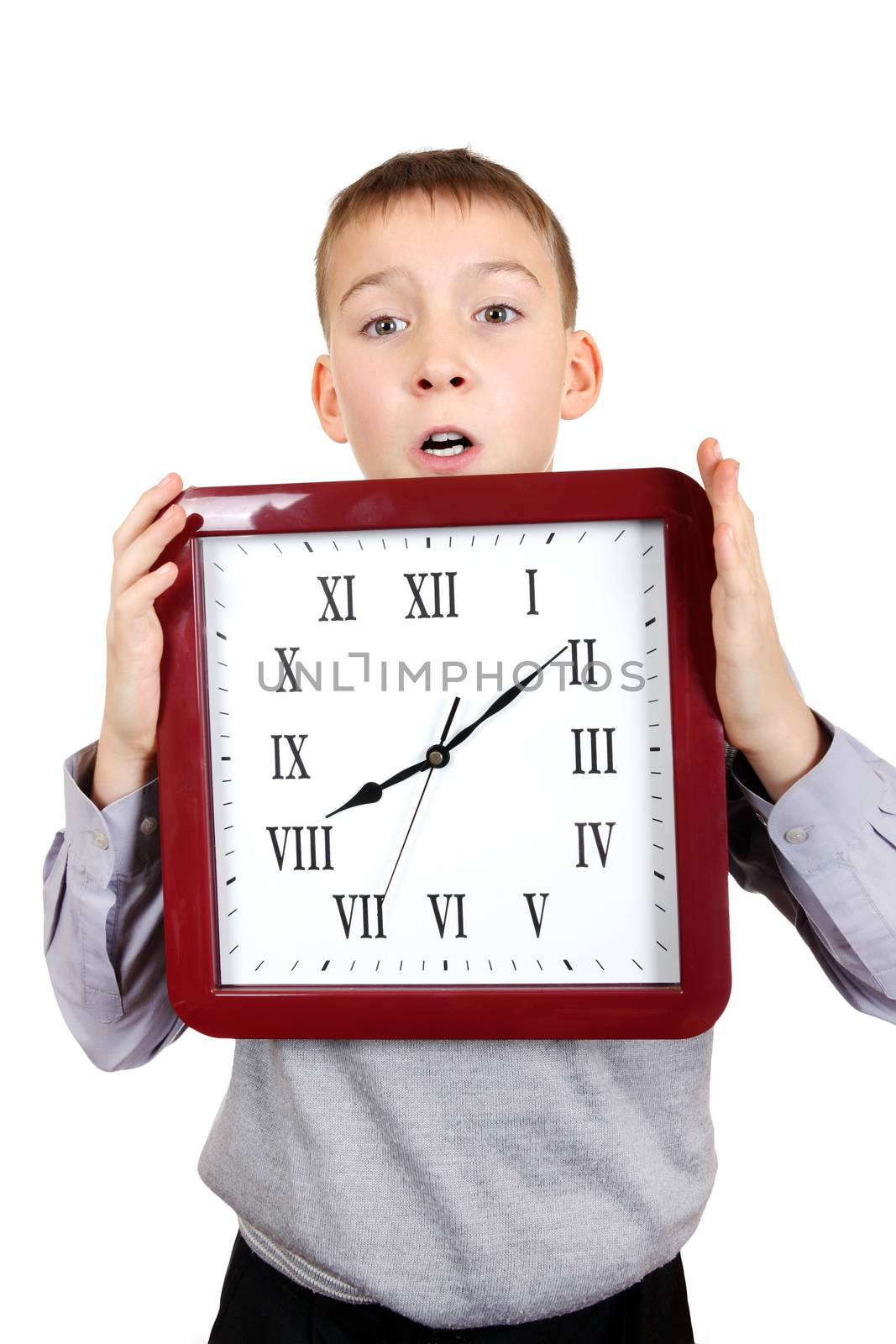 Kid with Big Clock Isolated on the White Background