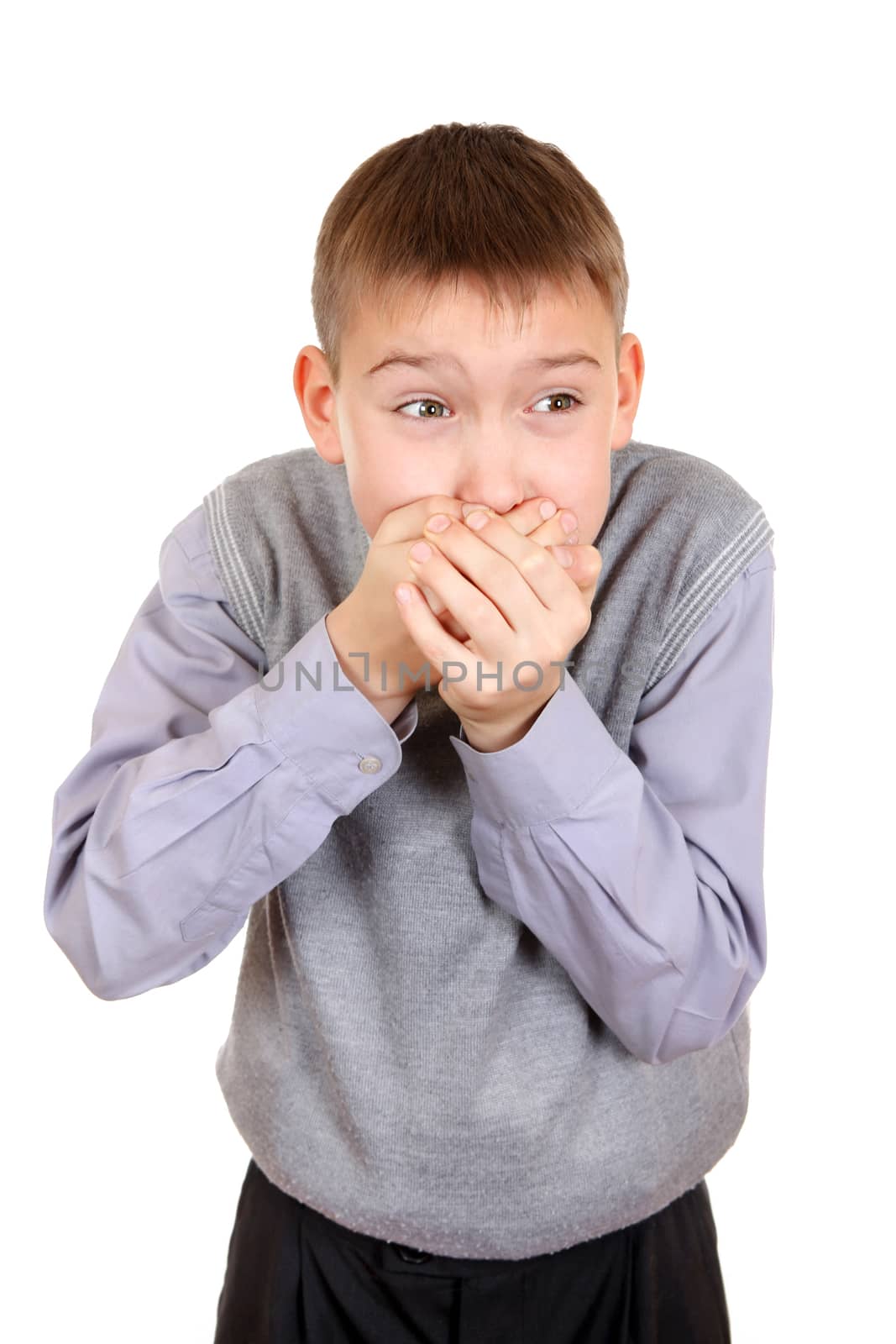 Displeased Kid cover the Mouth Isolated on the White Background