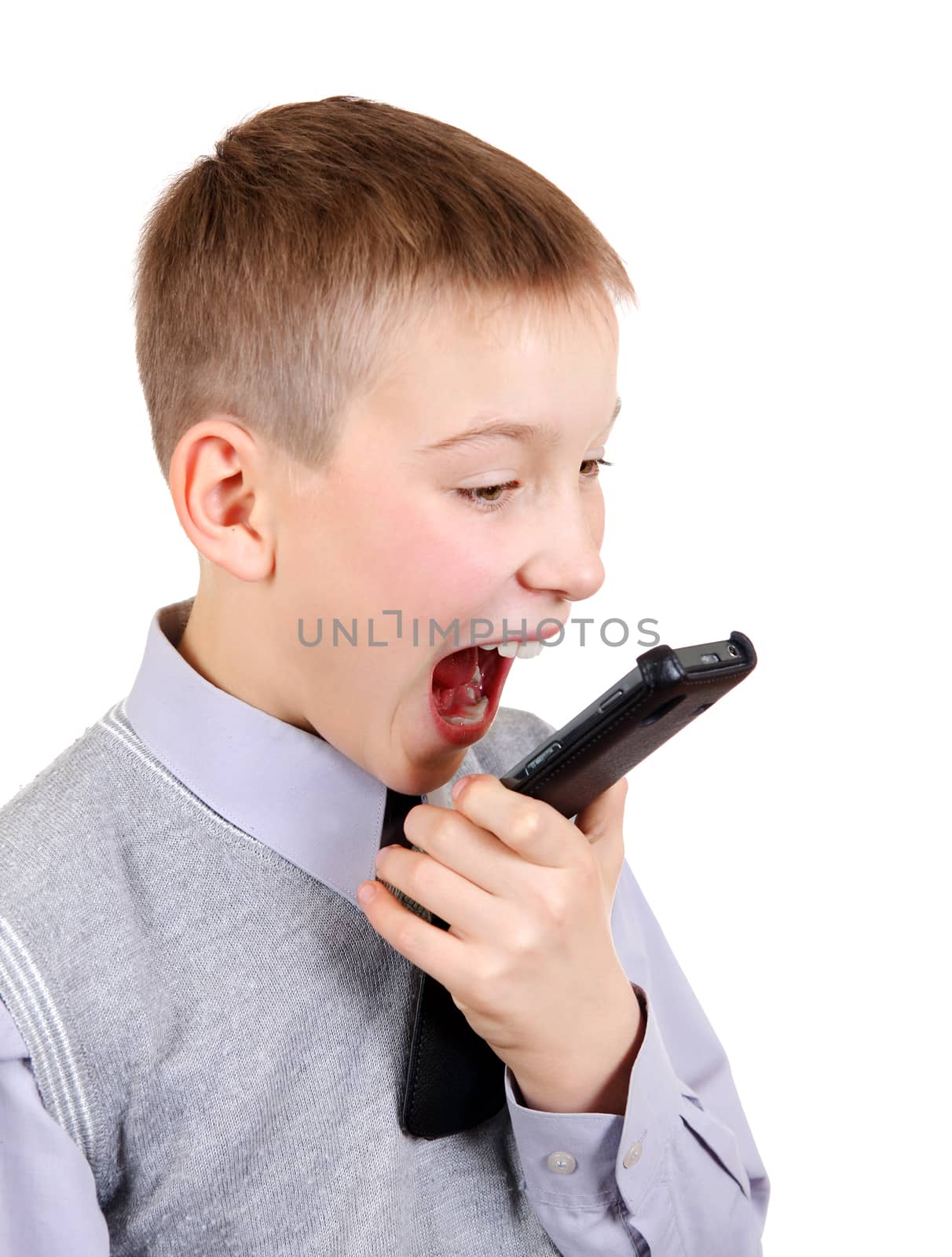 Cheerful Boy with Cellphone Isolated on the White Background