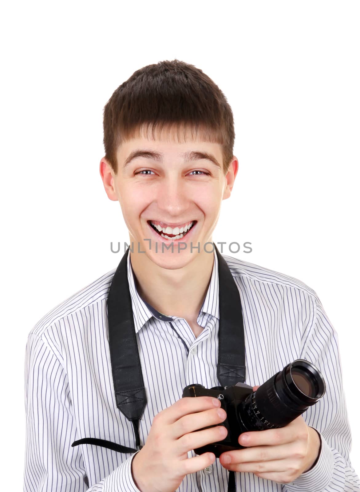 Cheerful Teenager with a Vintage Photo Camera Isolated on the White