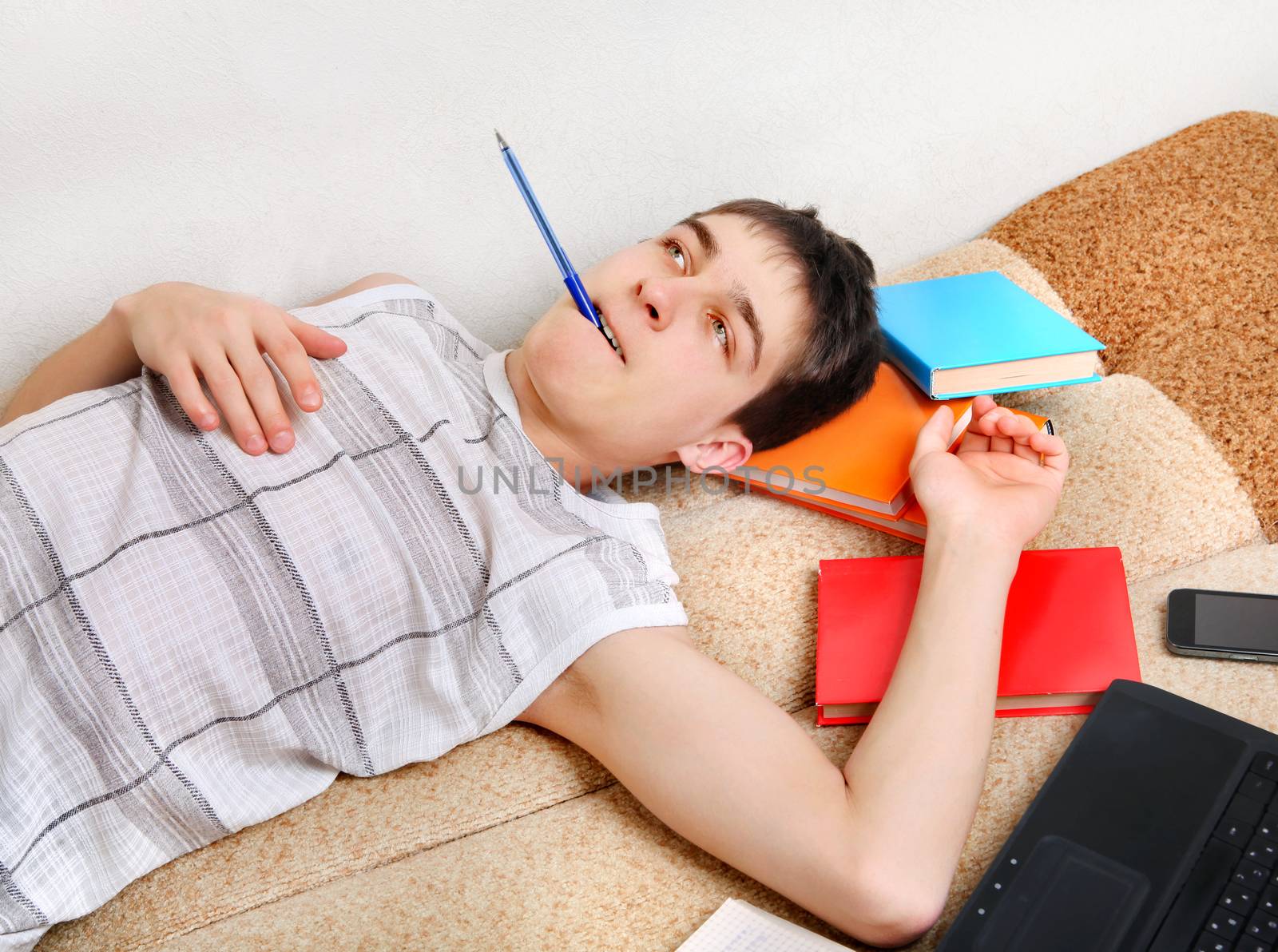 Tired Teenager on the Sofa with the Books at the Home