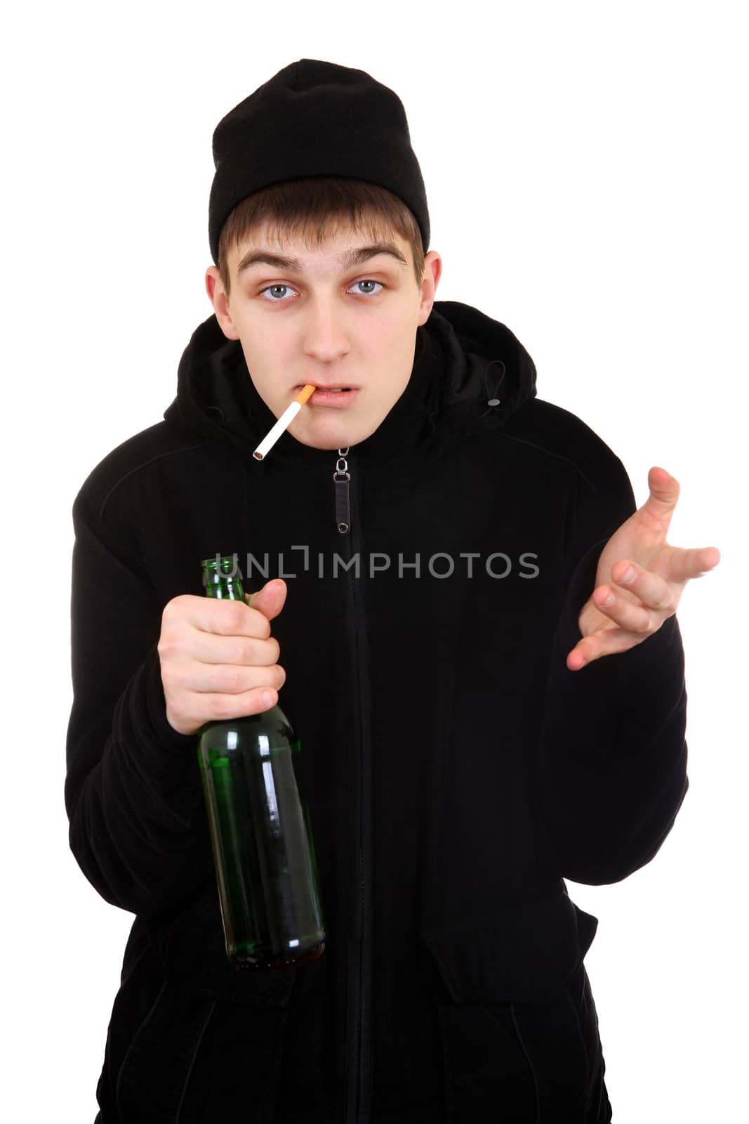 Hooligan with a Beer and Cigarette Isolated on the White Background