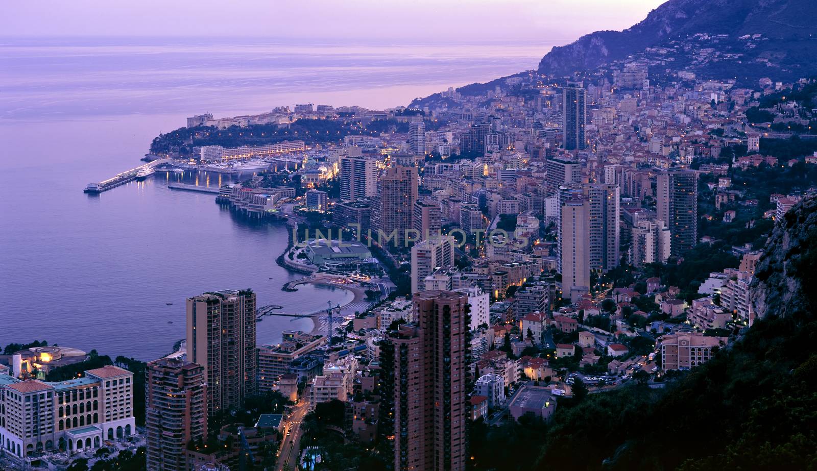 Horizontal cityscape panorama on the Monaco in the dawn, shot with medium format camera.