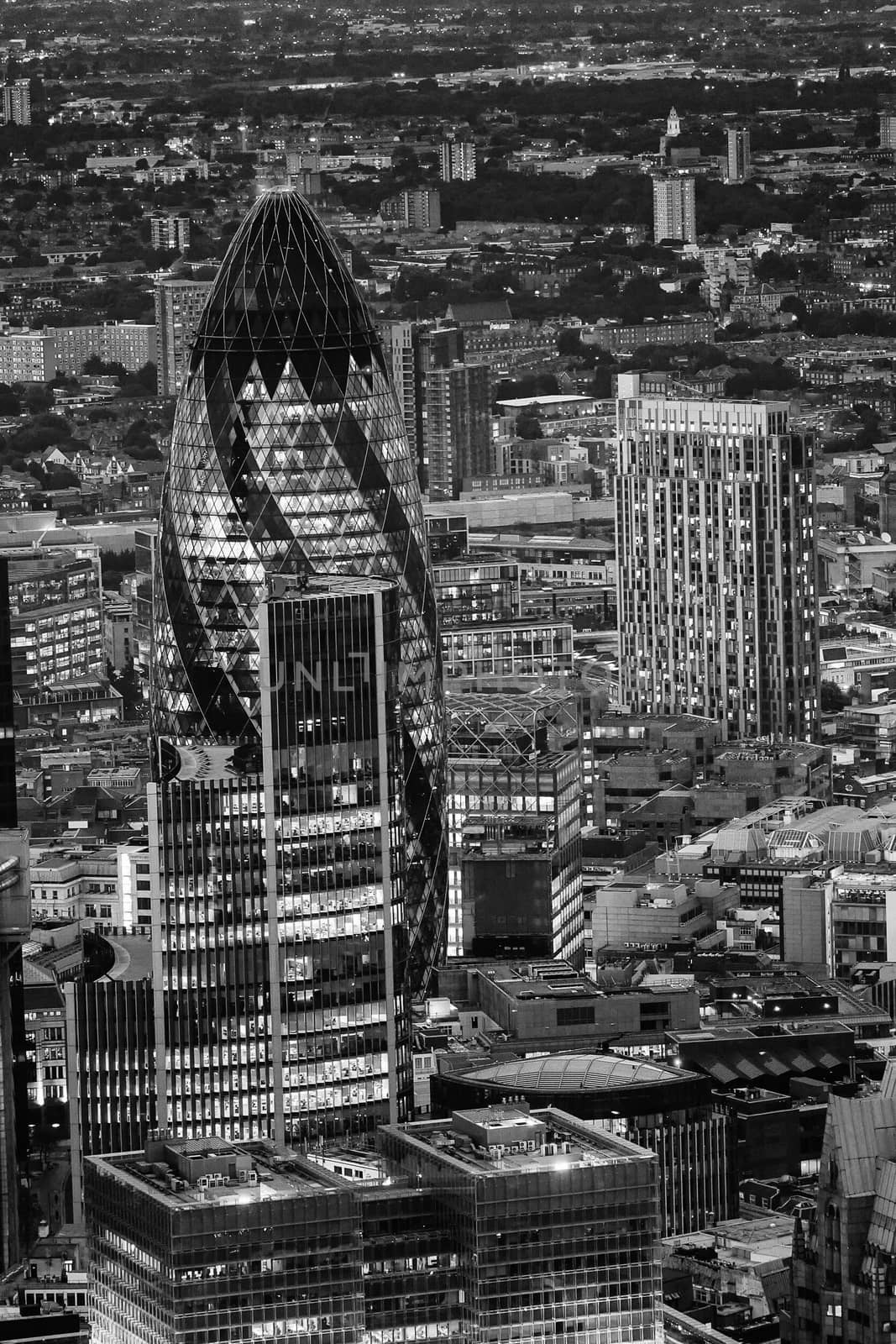 Lights of London financial skyline. Aerial view by jovannig