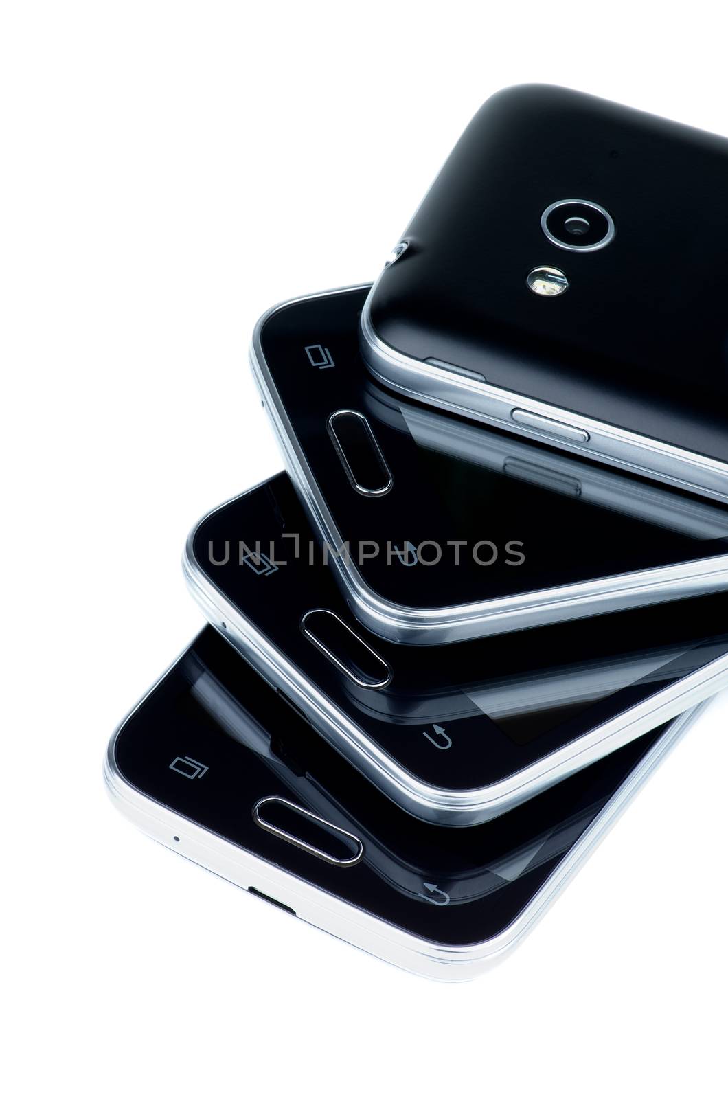 Arrangement of Black Smartphones with Silver Details and Buttons isolated on white background