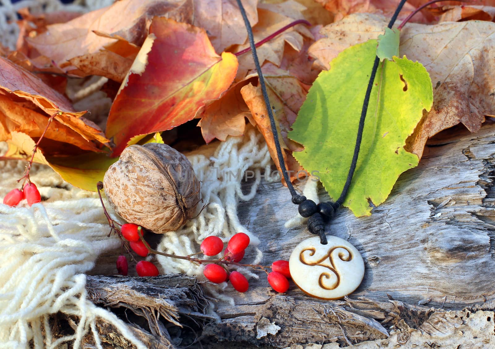 Ethnic handmade bone magic chineese amulet on autumn-style background