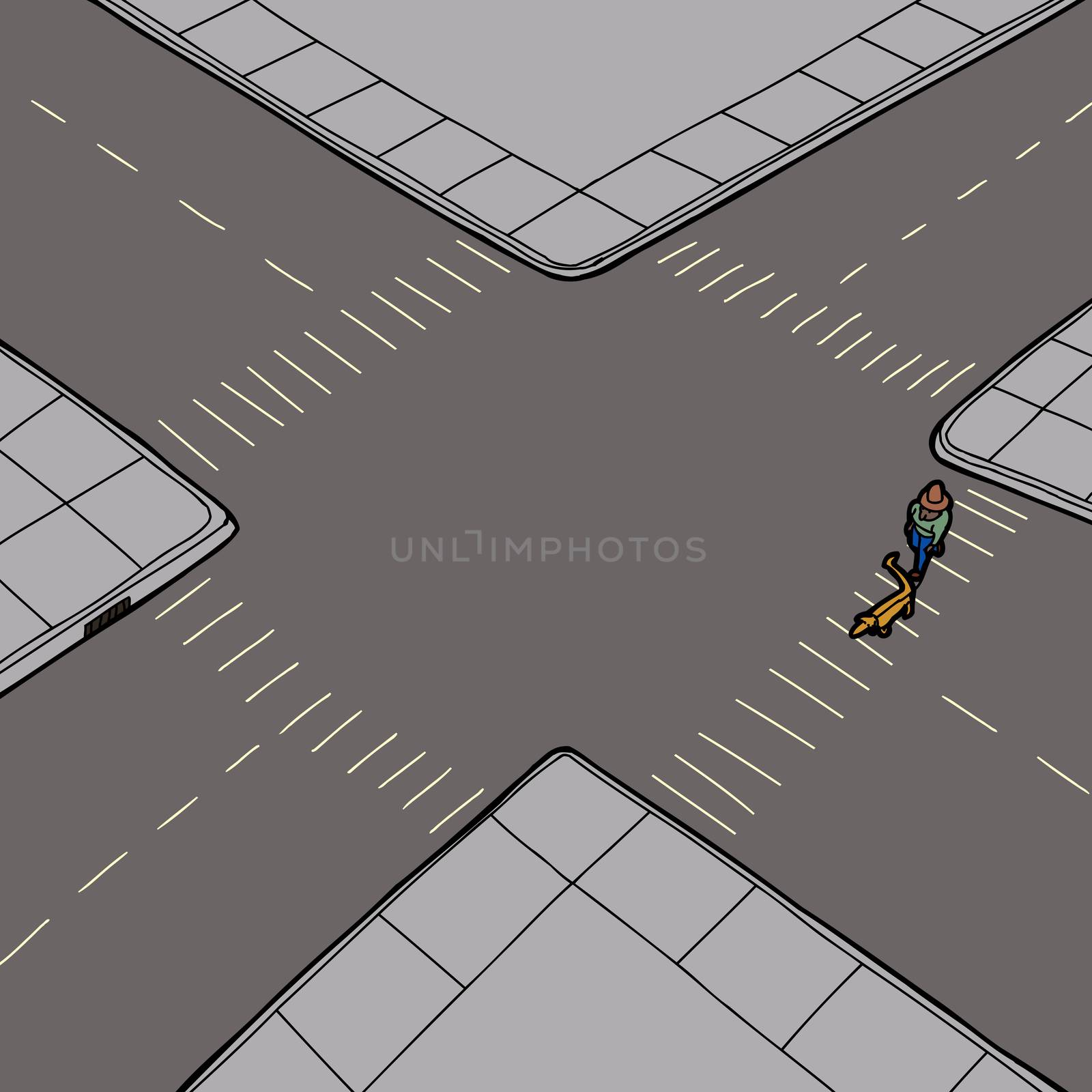 Pedestrian crossing street at intersection with pet