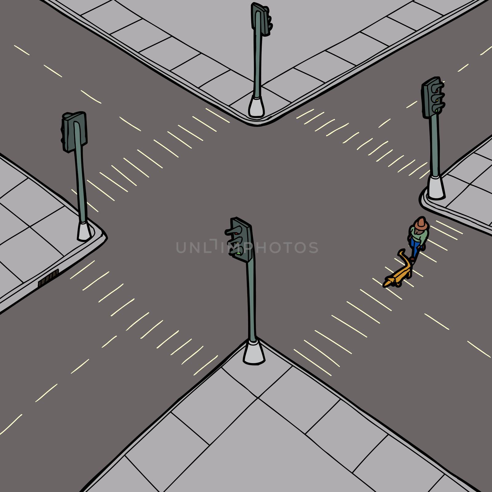 Hand drawn cartoon of person walking dog across street
