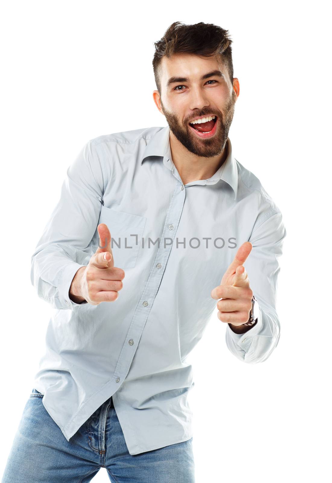 A young bearded man smiling with a fingers up isolated on white by vlad_star