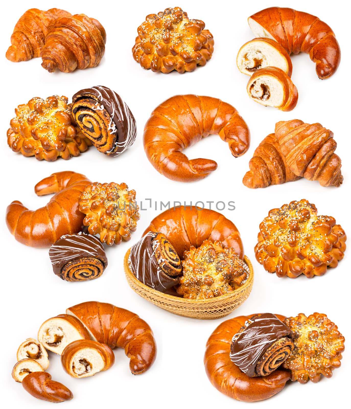 Collection of fresh and delicious pastries on a white background