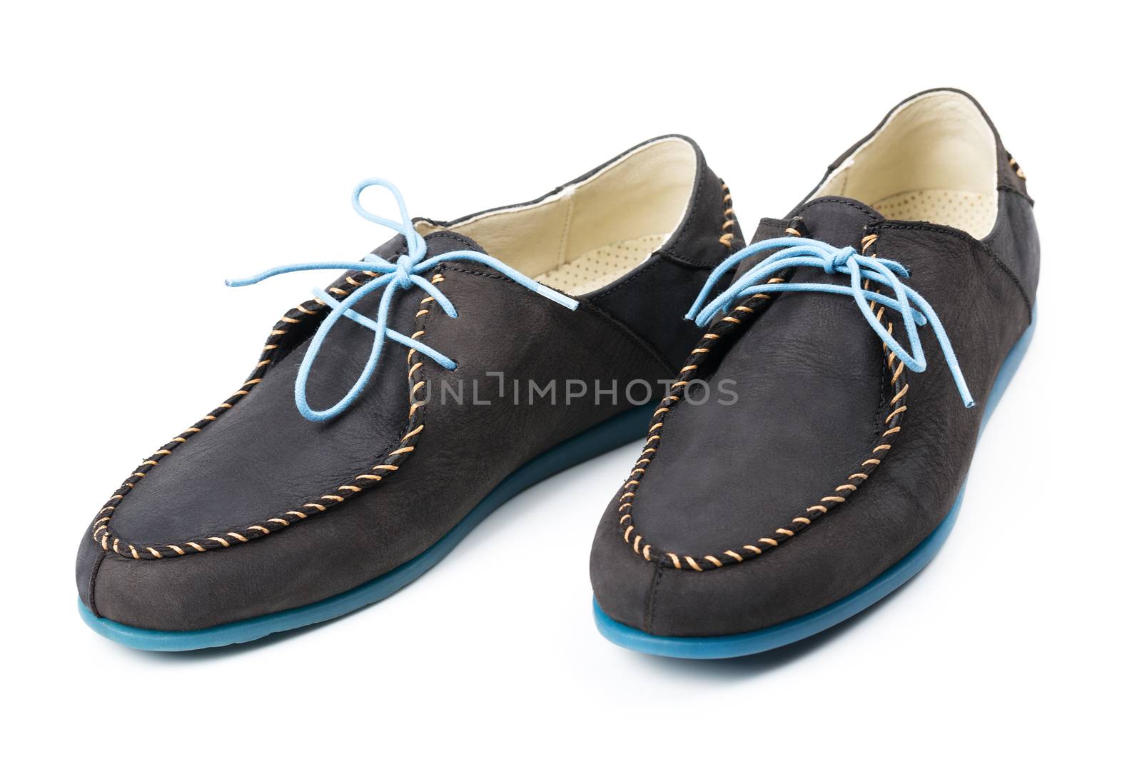 Black men's leather loafers with blue soles and laces on a white background