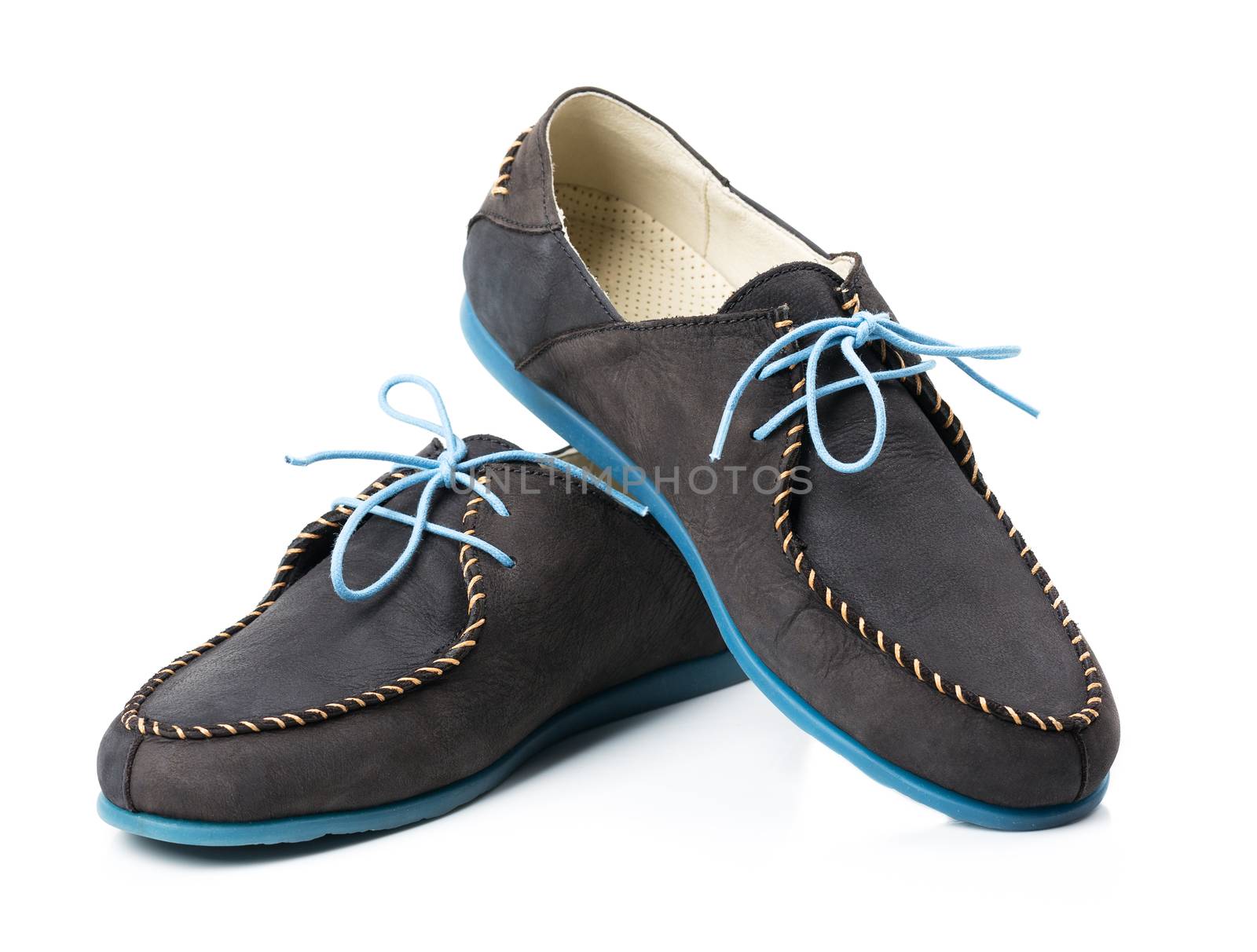 Black men's leather loafers with blue soles and laces on a white background