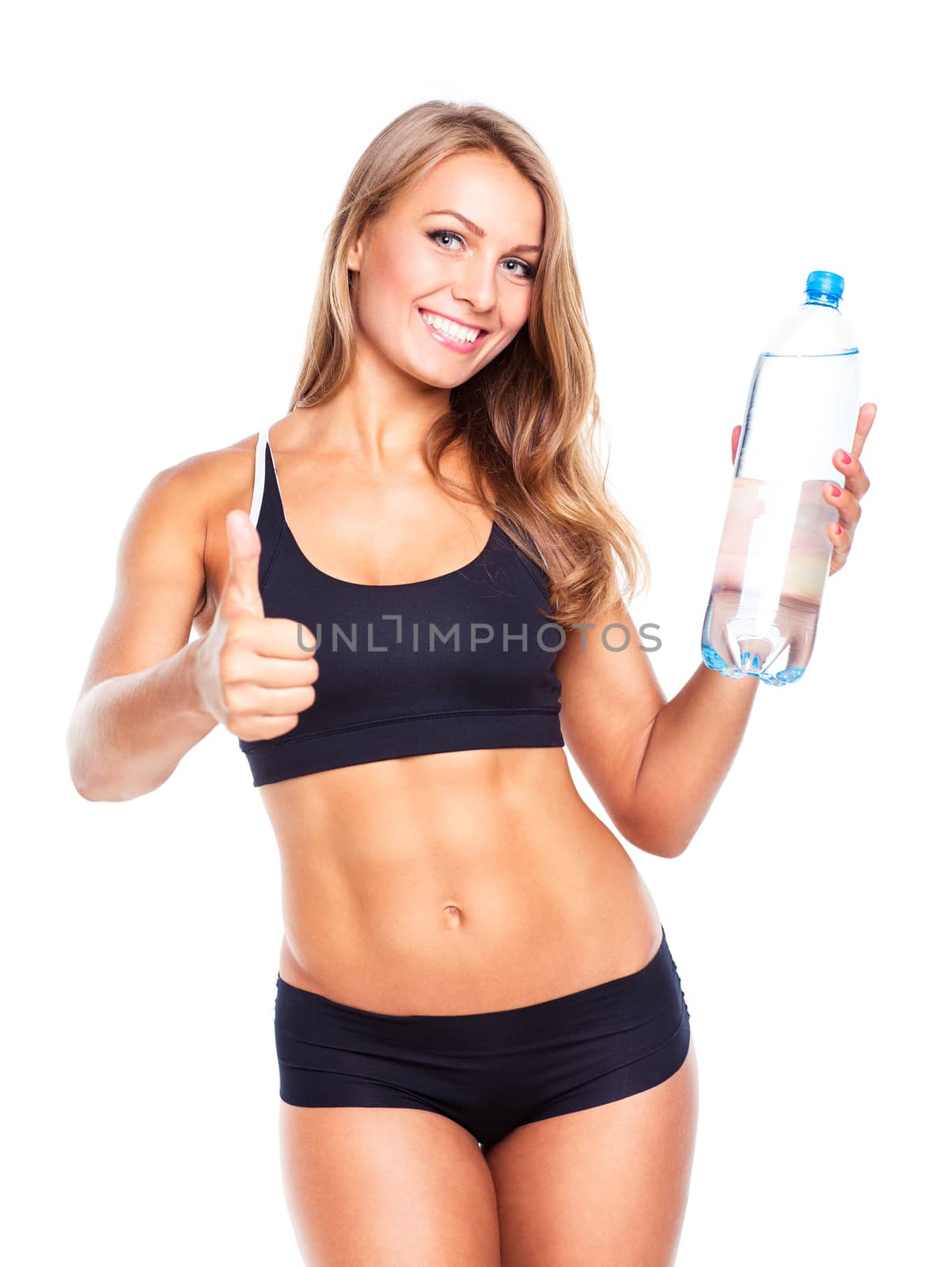 Young athletic girl with bottle of water on white by vlad_star