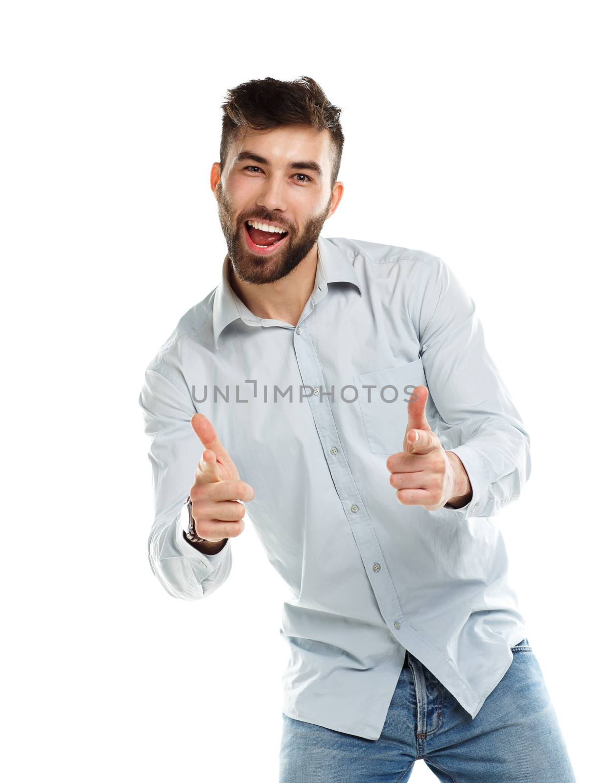 A young bearded man smiling with a finger up isolated on white background