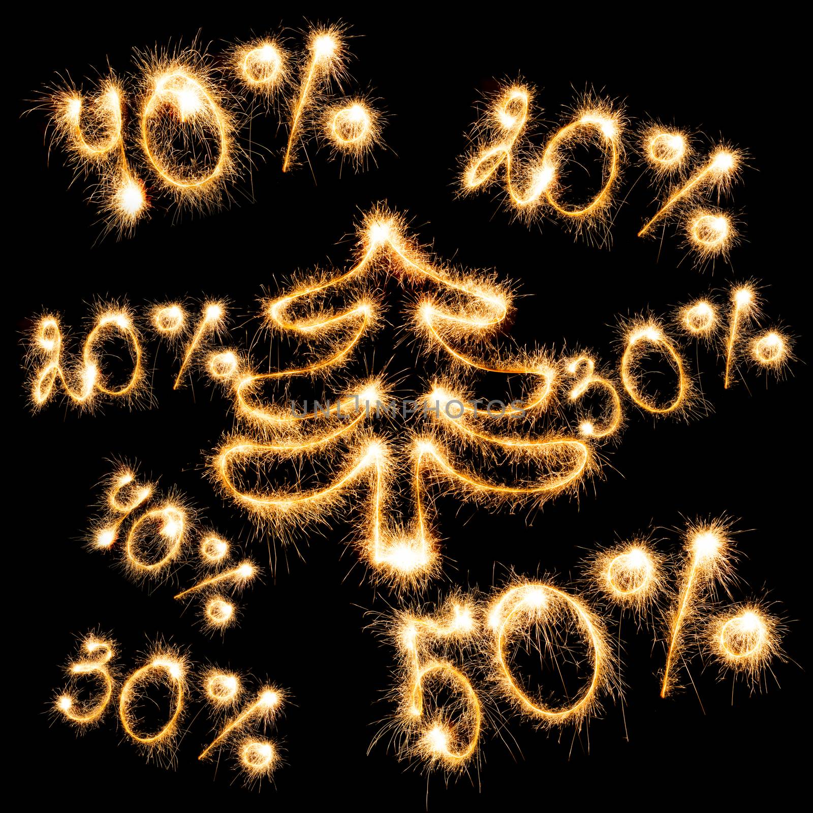 Sparkling inscription of 50%, 40%,30%, 20% with christmas tree on a black background