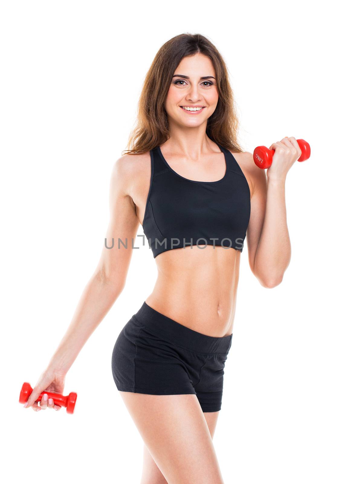 Beautiful slim woman with dumbbells, isolated on white by vlad_star