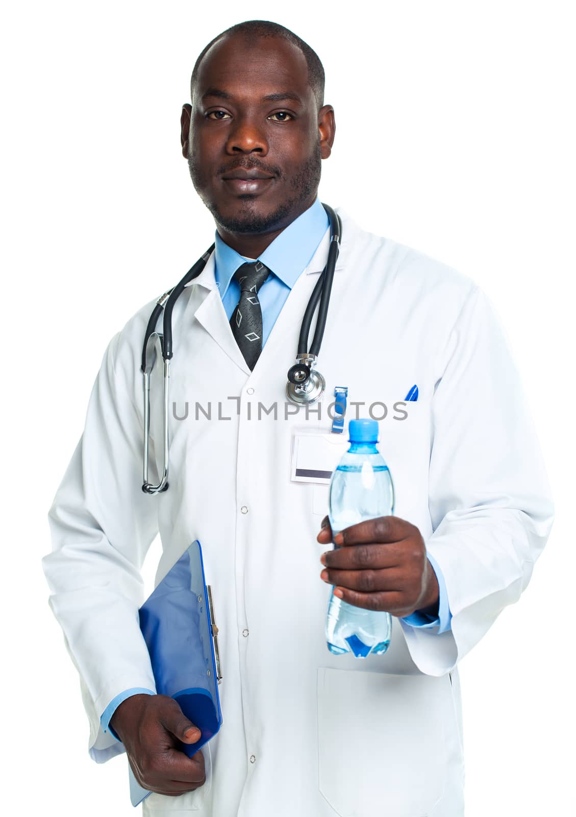 Portrait of a smiling male doctor holding bottle of water on whi by vlad_star