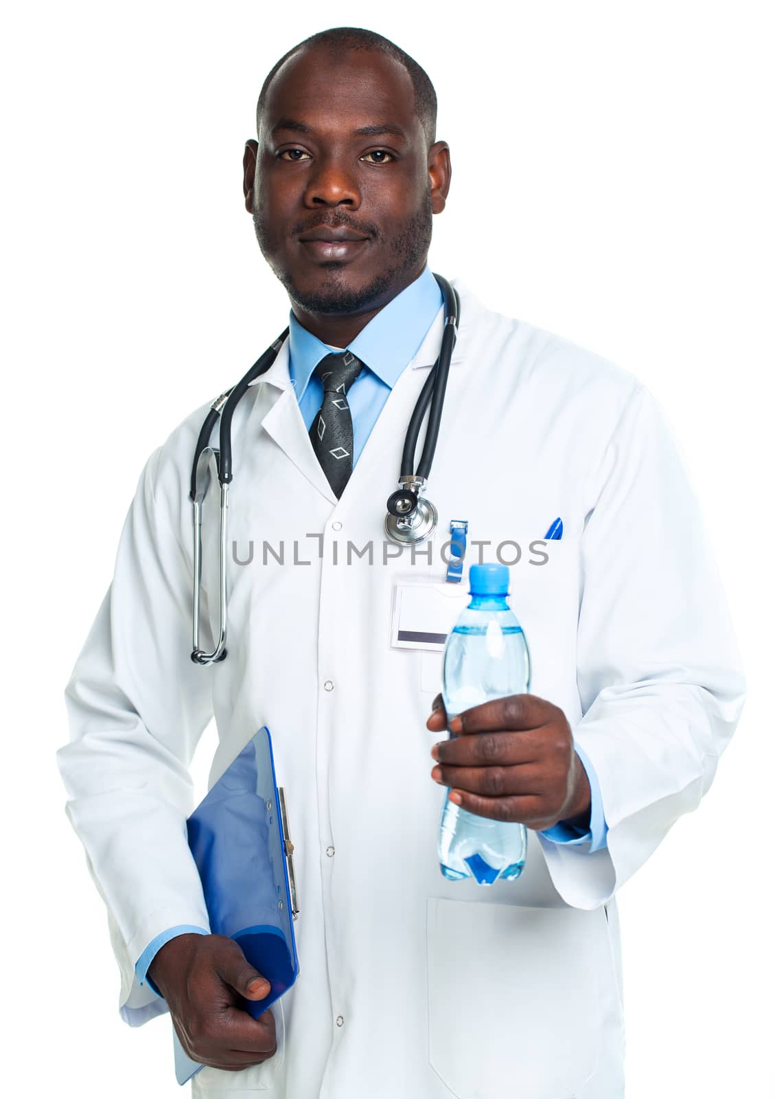 Portrait of a smiling male doctor holding bottle of water on white background