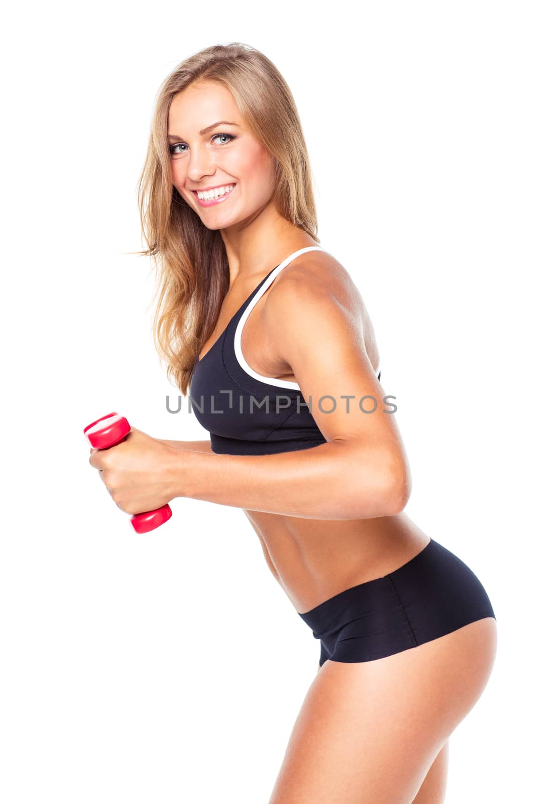 Beautiful slim woman with dumbbells, isolated on white background