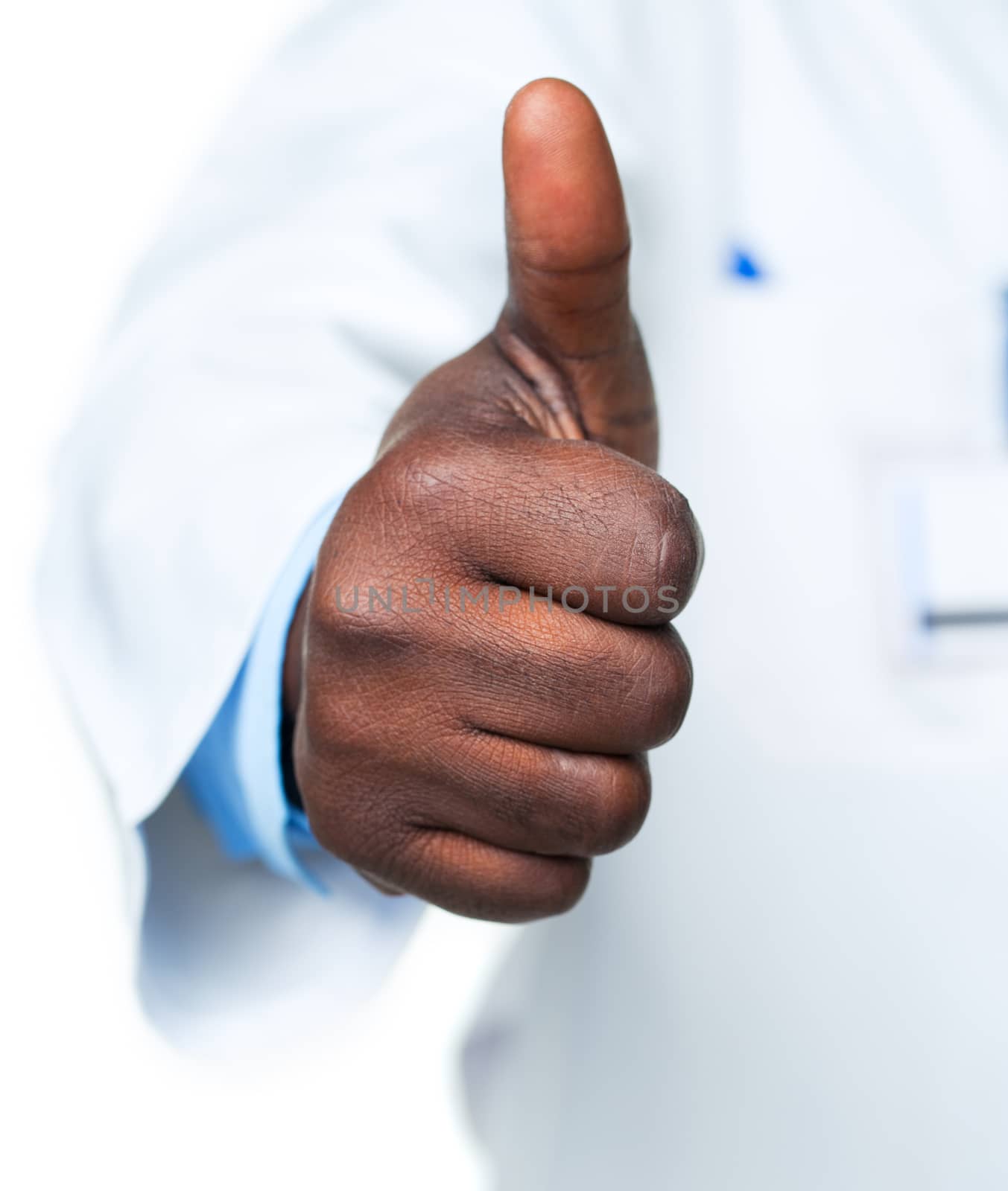 Doctor with finger up on white background