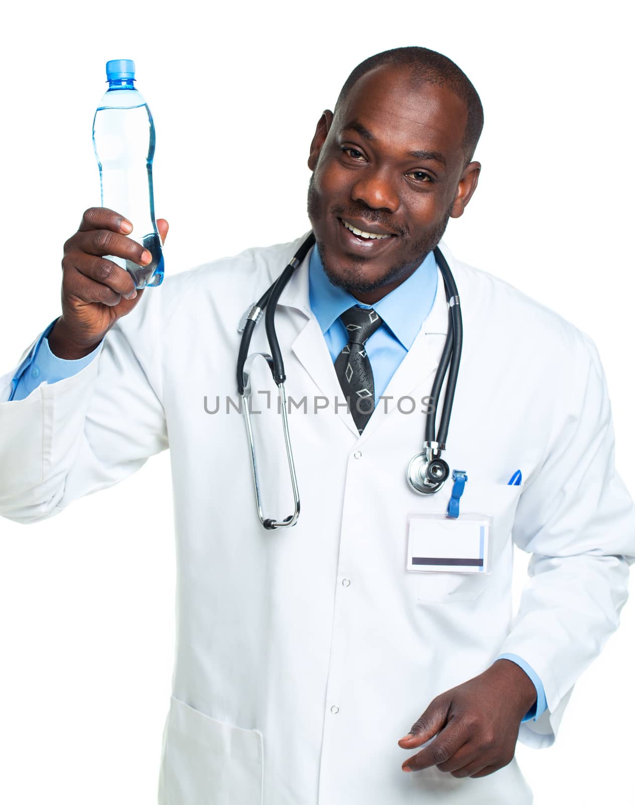 Portrait of a smiling male doctor holding bottle of water on whi by vlad_star