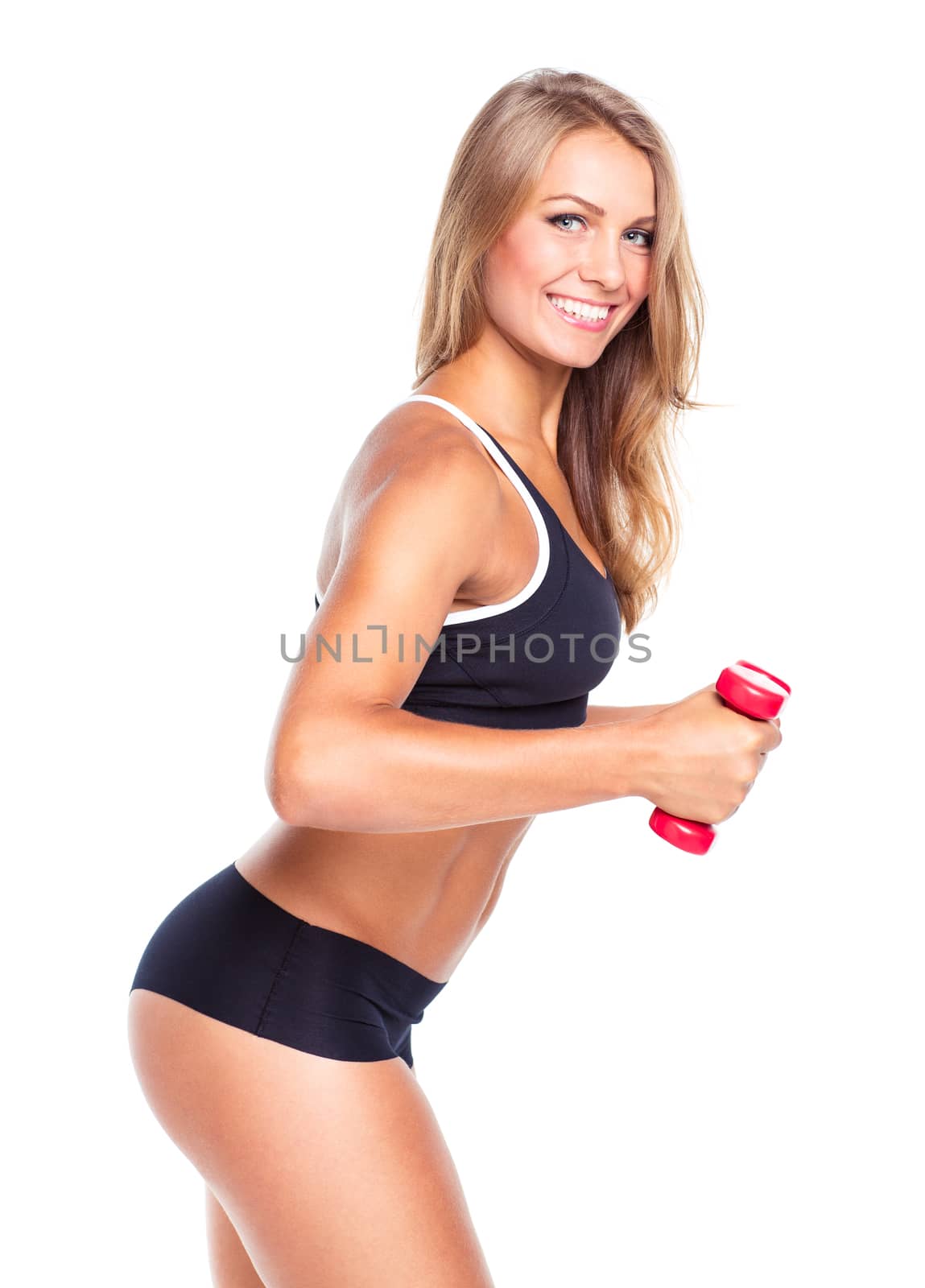 Beautiful slim woman with dumbbells, isolated on white background