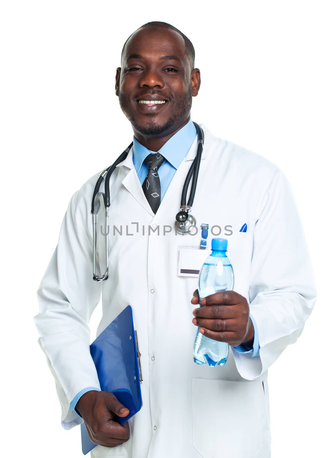 Portrait of a smiling male doctor holding bottle of water on whi by vlad_star