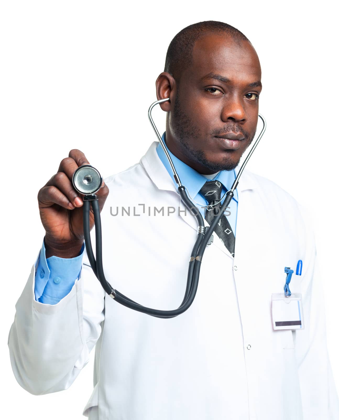 Doctor with a stethoscope in the hands on white background