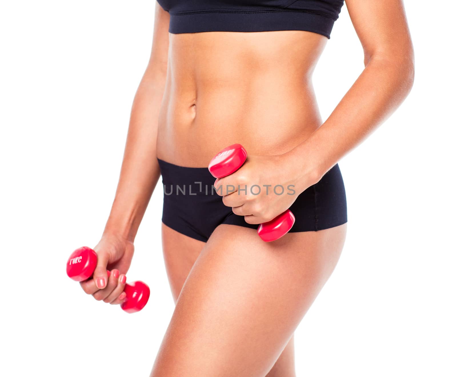 Beautiful slim woman with dumbbells, isolated on white by vlad_star